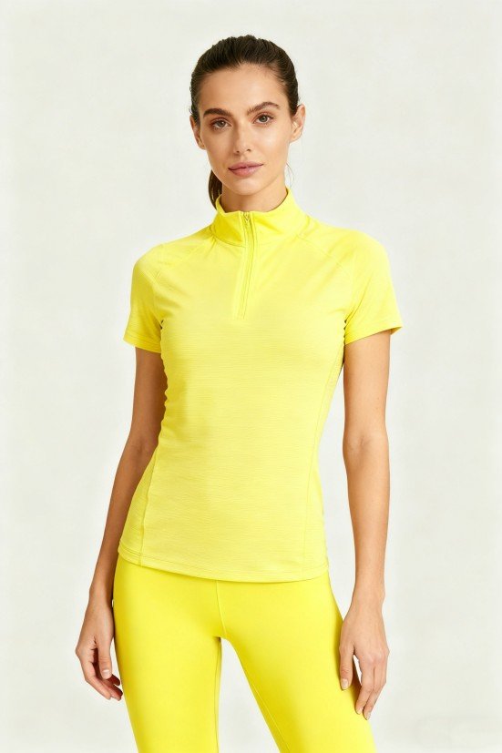 Women's Neon Yellow Half-Zip Short-Sleeve Top – Quick-Dry Running & Gym Workout Shirt