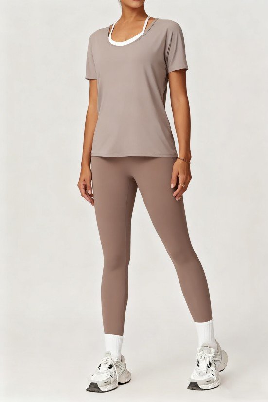 Women's Light Brown Fake Two-Piece Short-Sleeve Top – Casual Gym Running Athletic Shirt