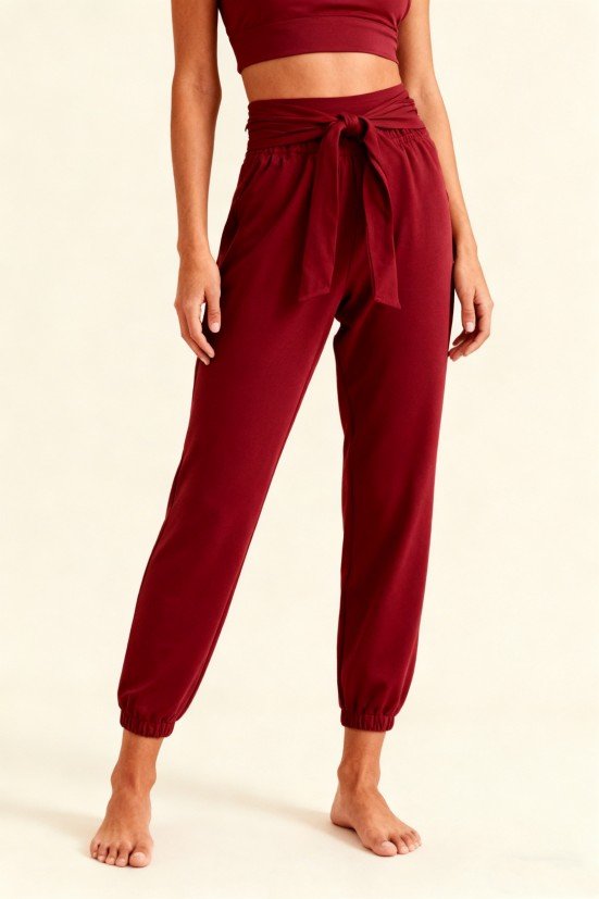 Women's Burgundy Tie-Waist Jogger Pants – Soft Loungewear & Yoga Workout Bottoms